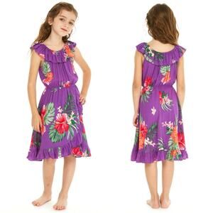 Hawaii Hangover Hibiscus Floral Print Wrap Ruffle Dress Pretty Tropical Purple